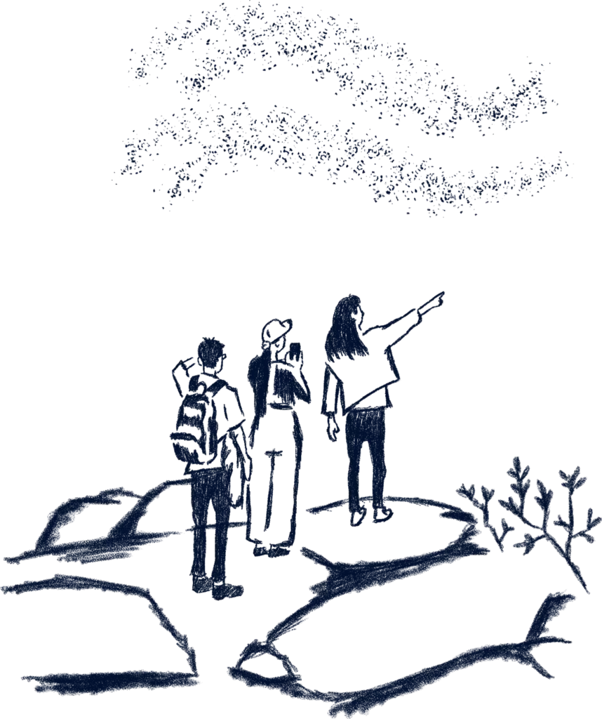 Blue monochrome illustration of three figures walking a rocky landscape, symbolizing the journey of long-term wealth management.